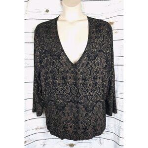 Vikki Vi Metallic Slinky Jacket Top 1X Button Front Brown Black Womens